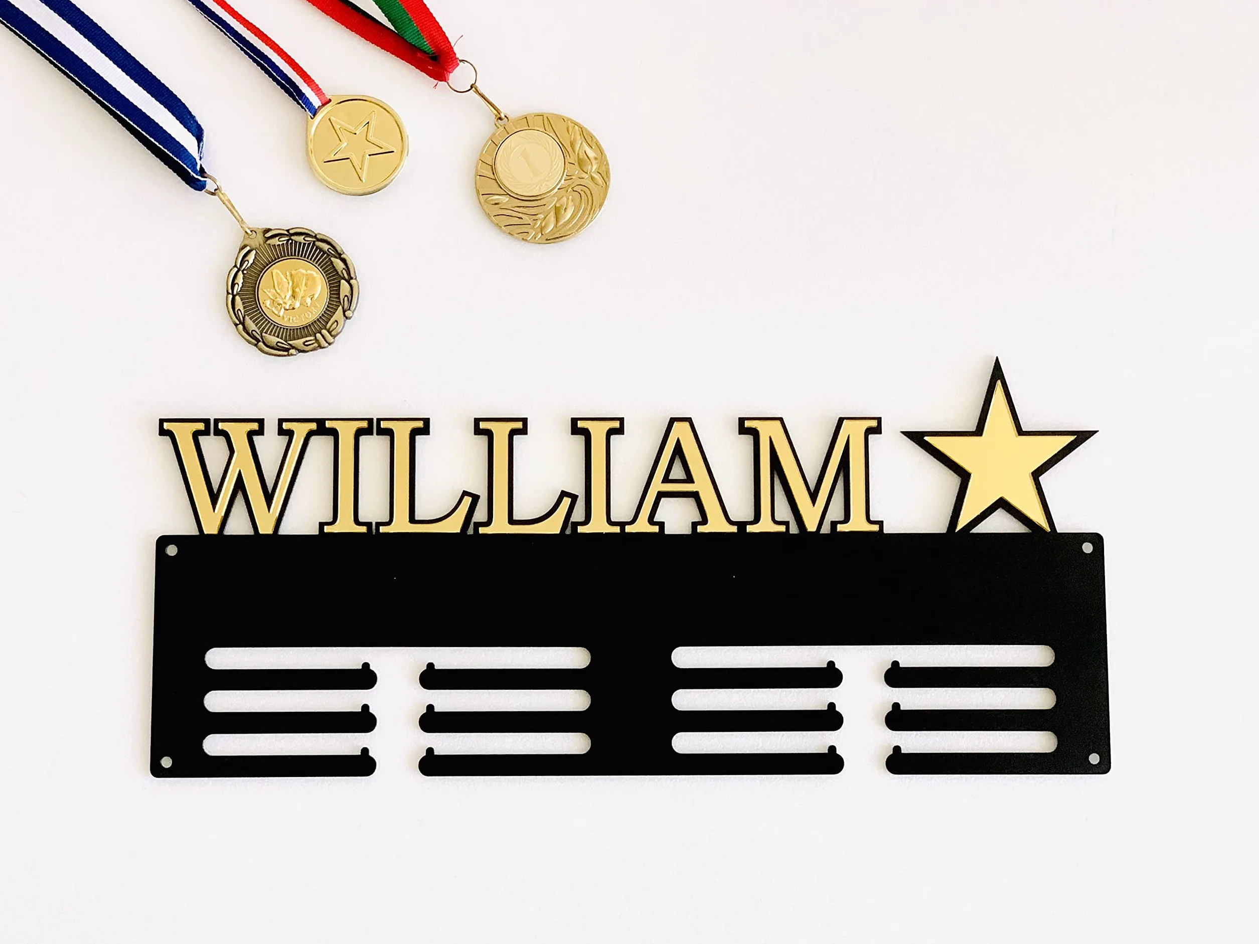 Porte-médailles en métal FranJohnsonHouse Luxe, Personnalisé prénom, étoile et trophée, Cintre de médaille, Cadeau sportifs