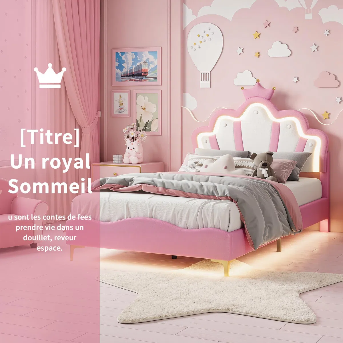 Générique Lit Enfant Rembourré 90x190 cm avec LED, Lits Double pour Fille, lit d'Adolescent avec Tête de Bed Réglable en Hauteur Princesse Couronne et Sommier à Lattes, PU Rose