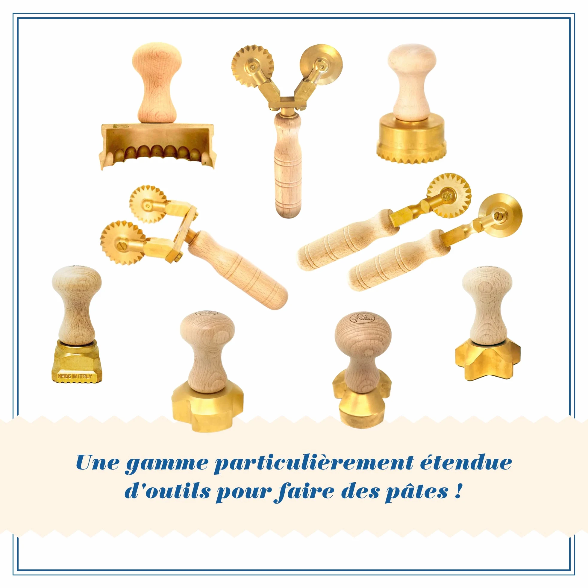 La Gondola Lot de 2 Roulettes Coupe-Pâtes - Roue Lisse et Roue Décoré | Outils de Préparation des Fait Maison Pâtes | Laiton & Bois Naturel Roulettes Découpe | Roulettes à Ravioli Fabriqué en Italie