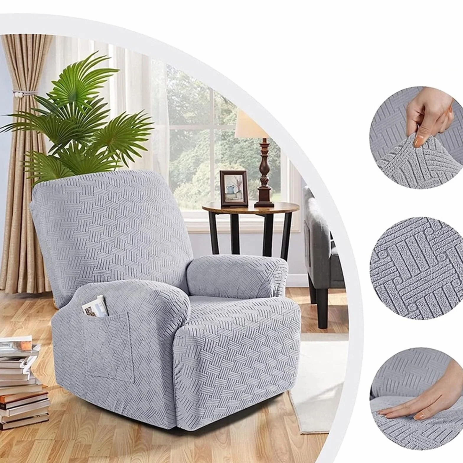 Housse de Fauteuil inclinable 3-Posti, Extensible, avec Poches, Grigio Chiaro