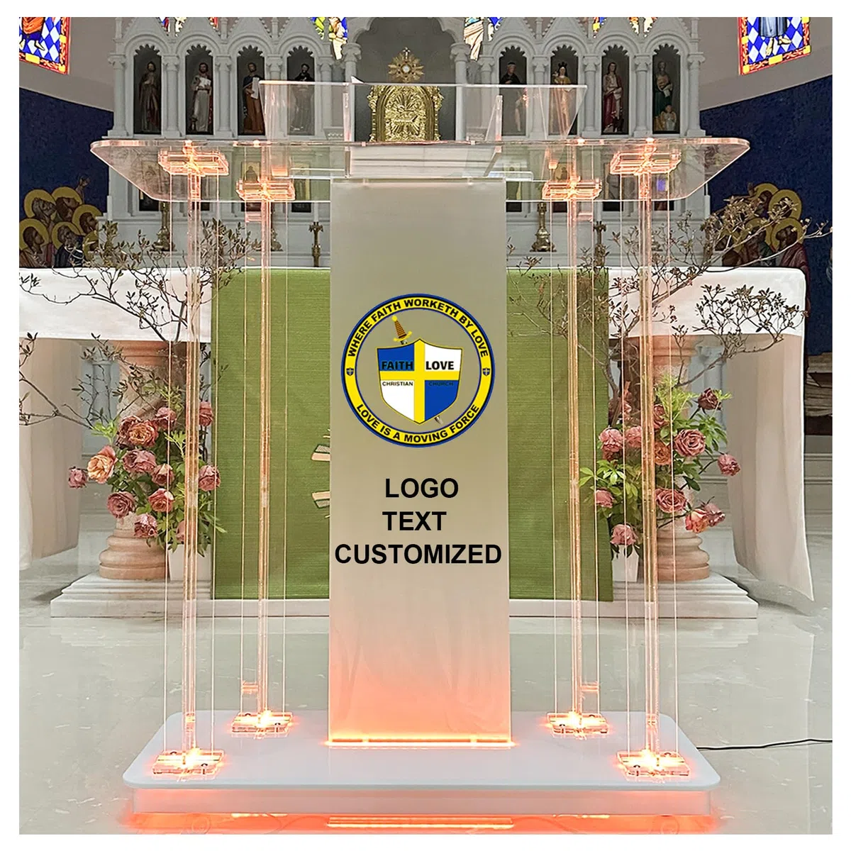 Chaire d'église Personnalisée avec Texte et LOGO, Podium en Acrylique avec Lumières LED, Podium Transparent avec roues et Plateforme de Lecture Spacieuse, Pupitre Clair pour la Parole.