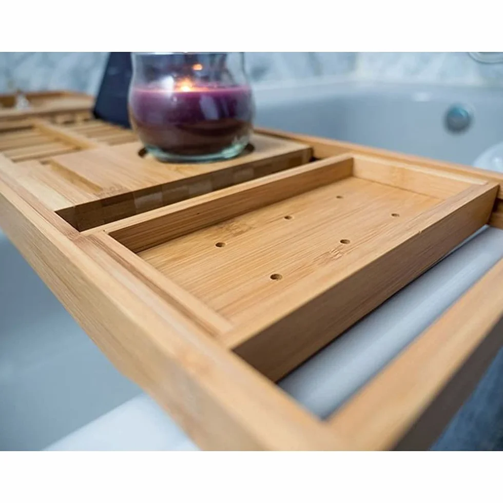 Plateau de Bain en Bambou, Pont de Baignoire Extensible, Etagère avec Rangement et Porte-Savon, 75-109cm