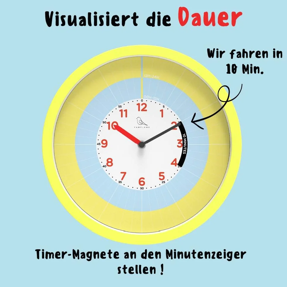 Horloge d'apprentissage pour Enfant, 60 Magnets Activités, 7 Magnets Timer, Jaune