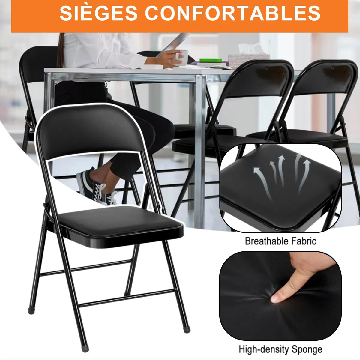 Chaise Pliante Confortable, Set de 6 Chaise Pliante Interieur, Chaise Pliante Exterieur jusqu'à 158 KG,métal Chaise Pliable pour invités, Cuisine, Camping, Chaise de Jardin Pliante Noir