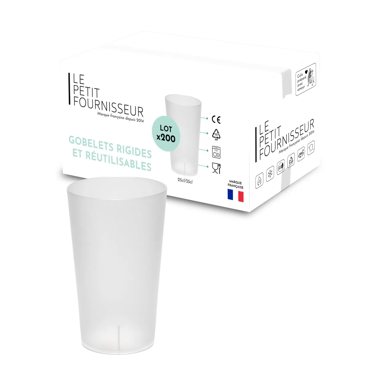 LPF LE PETIT FOURNISSEUR - Lot de 200 Gobelets réutilisables 25cl (33cl à ras-bord) - Polypropylène (PP) alimentaire rigide - Gobelets plastique durables - Compatible lave-vaisselle - Couleur Givrée