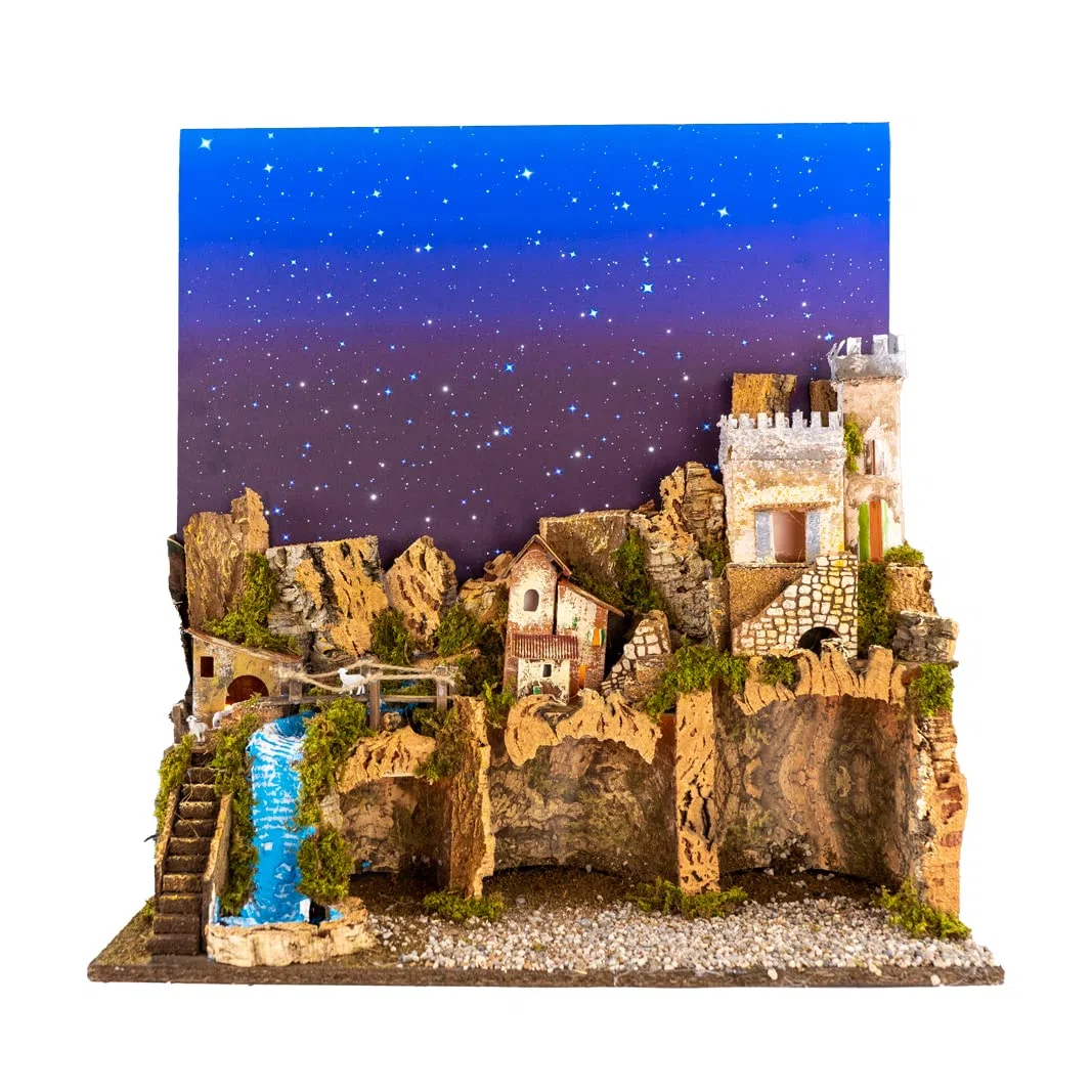 Holyhome Crèche 60 x 34 x 44 cm (23,62 x 13,38 x 17,32 pouces) avec lumière et ciel étoilé en fibres optiques, fabriquée et peinte à la main, fabriquée en Italie