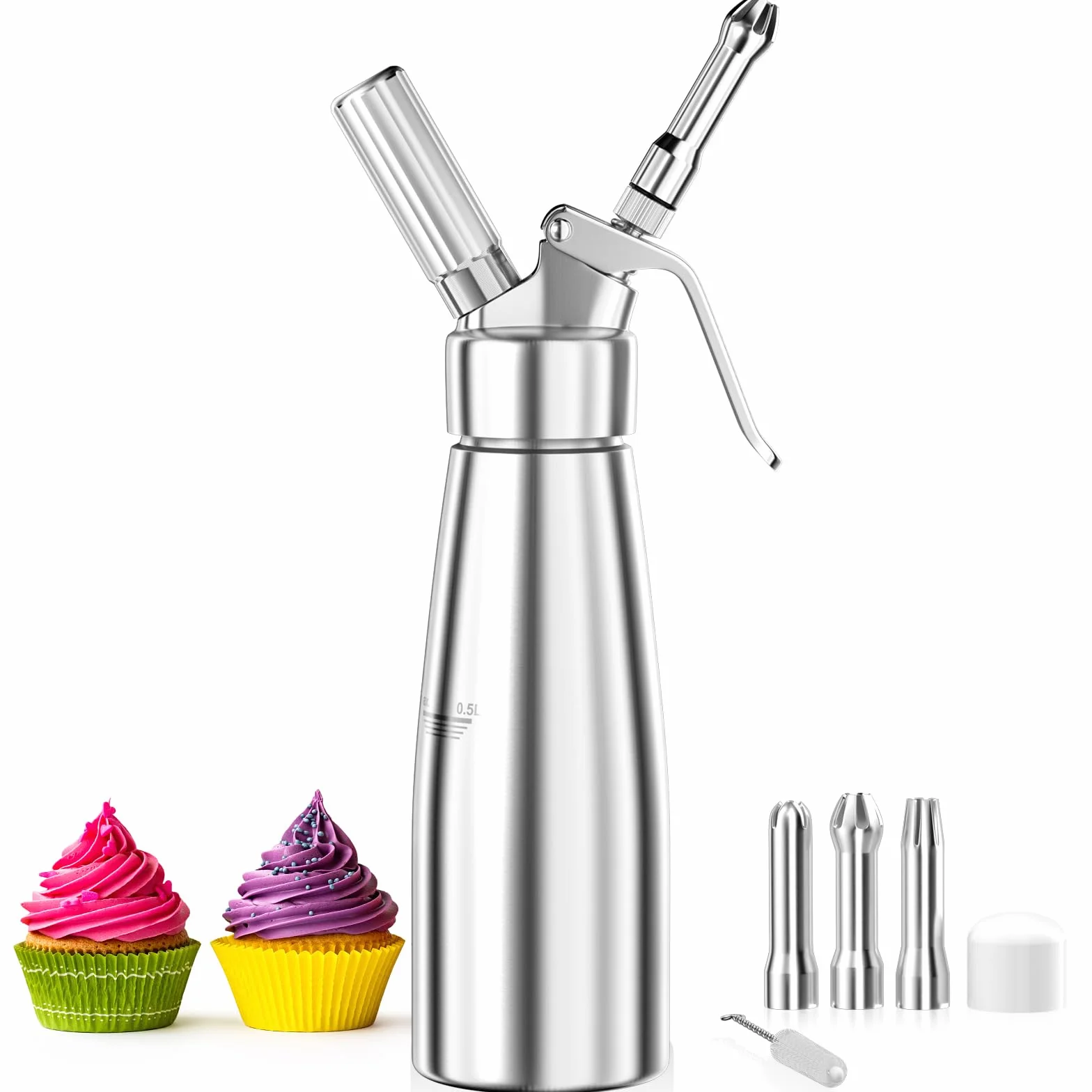 Fousenuk 500ml Siphon Chantilly, Siphon à Crème en Aluminium avec 3 Douilles en Acier Inoxydable et 1 Brosse de Nettoyage pour Décoration Gâteaux d'anniversaire Pâtisserie Crème Glacée et Desserts