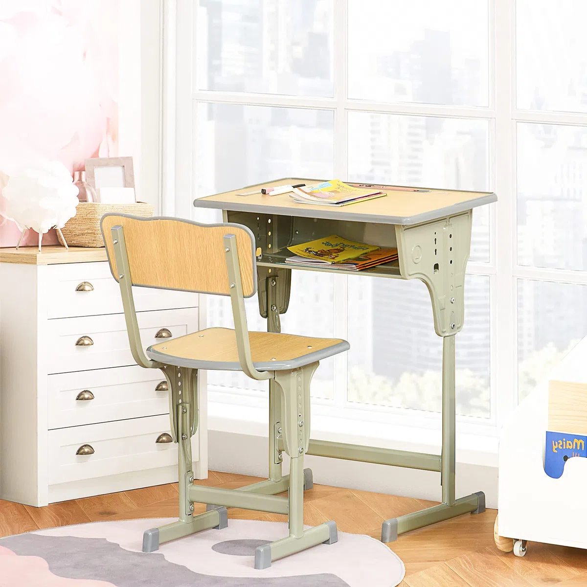 HOMCOM Bureau Enfant Vintage Style pupitre d'écolier - Ensemble Bureau et Chaise réglable - Case de Rangement, Bracket, Range-stylos - Acier Kaki MDF Aspect Bois Clair