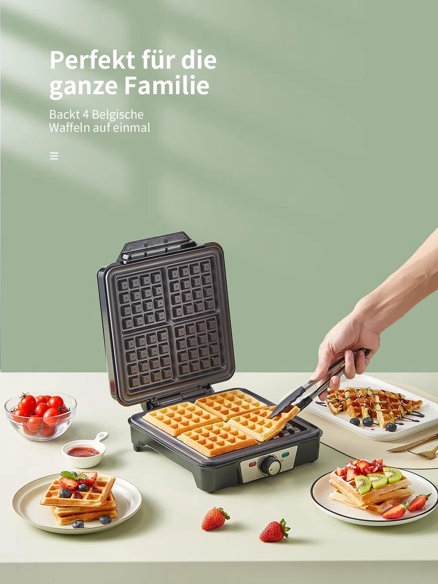 Gaufrier Belge 1200W, Contrôle de Température à 5 Vitesses, Appareil a Gauffre Electrique, Poignée Thermo-isolante, Lumière de Cuisson, Machine à Gaufres Professionnel
