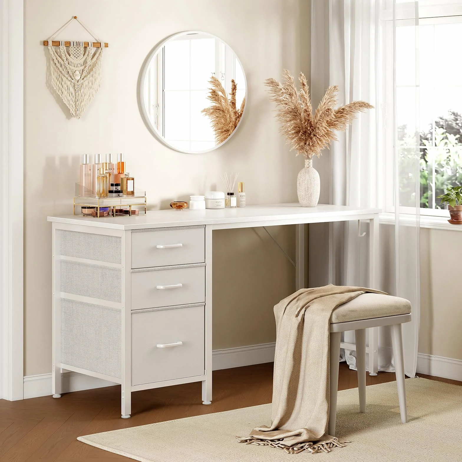 Coleshome Bureau avec 3 Tiroirs en Tissu, 120x48cm Bureaux Informatique avec Porte-Casque, Blanc Bureau D'ordinateur Réversible pour Petit Bureaux à Domicile