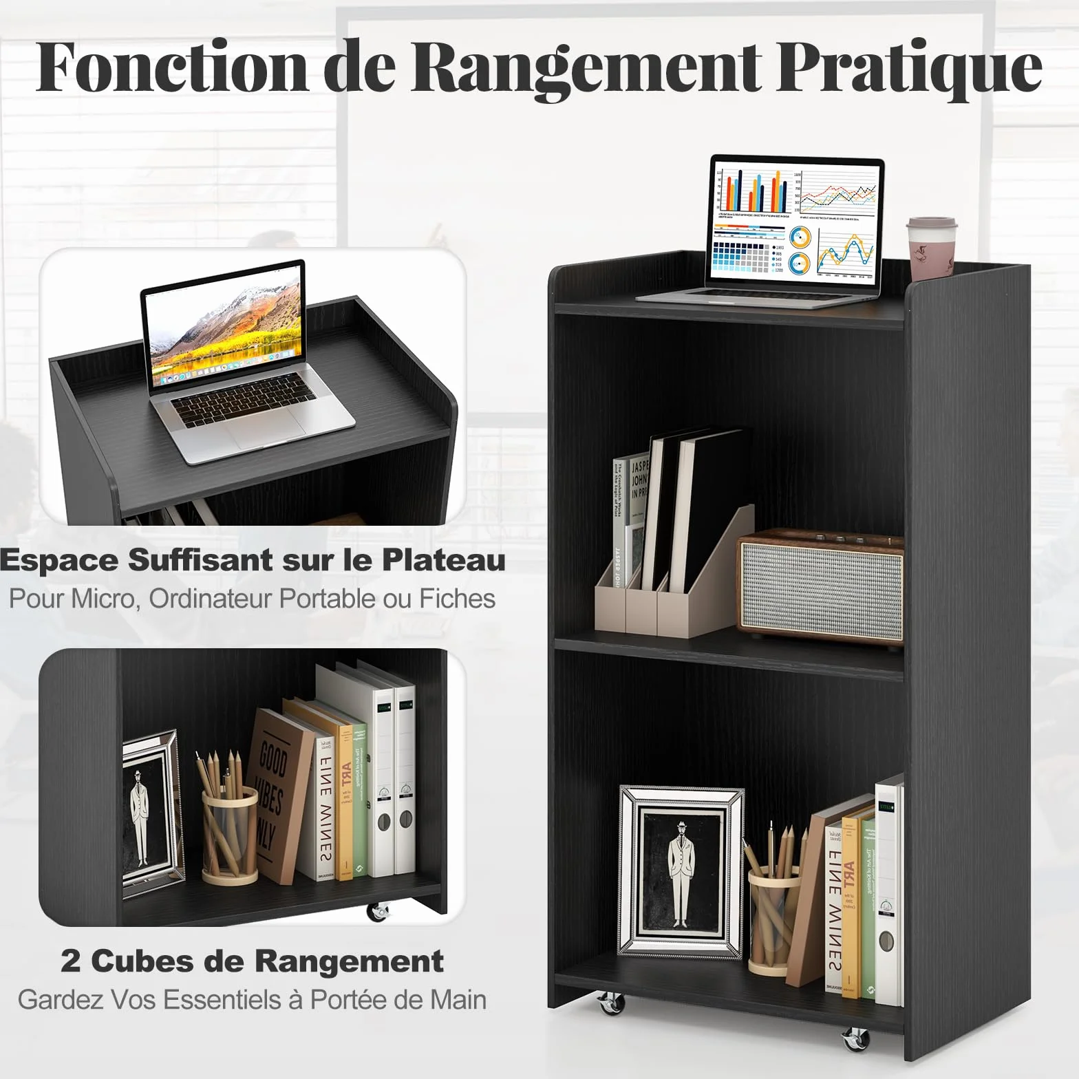 GYMAX Pupitre Mobile avec Roulettes Verrouillables, Table Haute, 57 x 37 x 105 cm, Noir