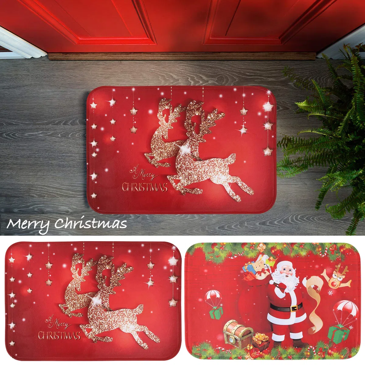 BHGT 2PCS Tapis de Noël Paillassons Tapis de Passage Antidérapante Carpettes pour Salon Bain Cuisine Décoration Maison Chambre (Père Noël + Renne)