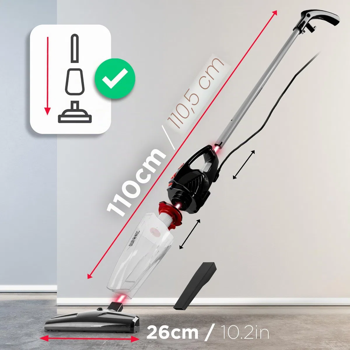 Duronic VC8 /BK- Aspirateur Balai et à Main sans Sac Classe A + tête suceuse/Flexible/Brosse - Se converti en Quelques Secondes !