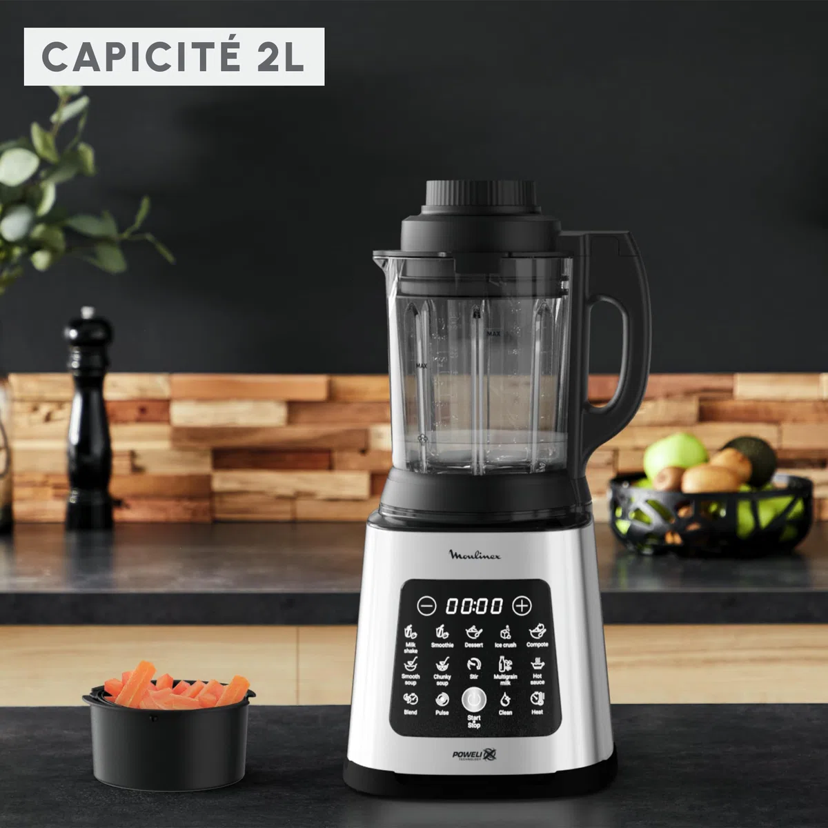 Moulinex Perfectmix Cook, Blender chauffant haute performance, 10 programmes auto, Recettes chaudes et froides, 1 400 W, panier vapeur, LM83SD10
