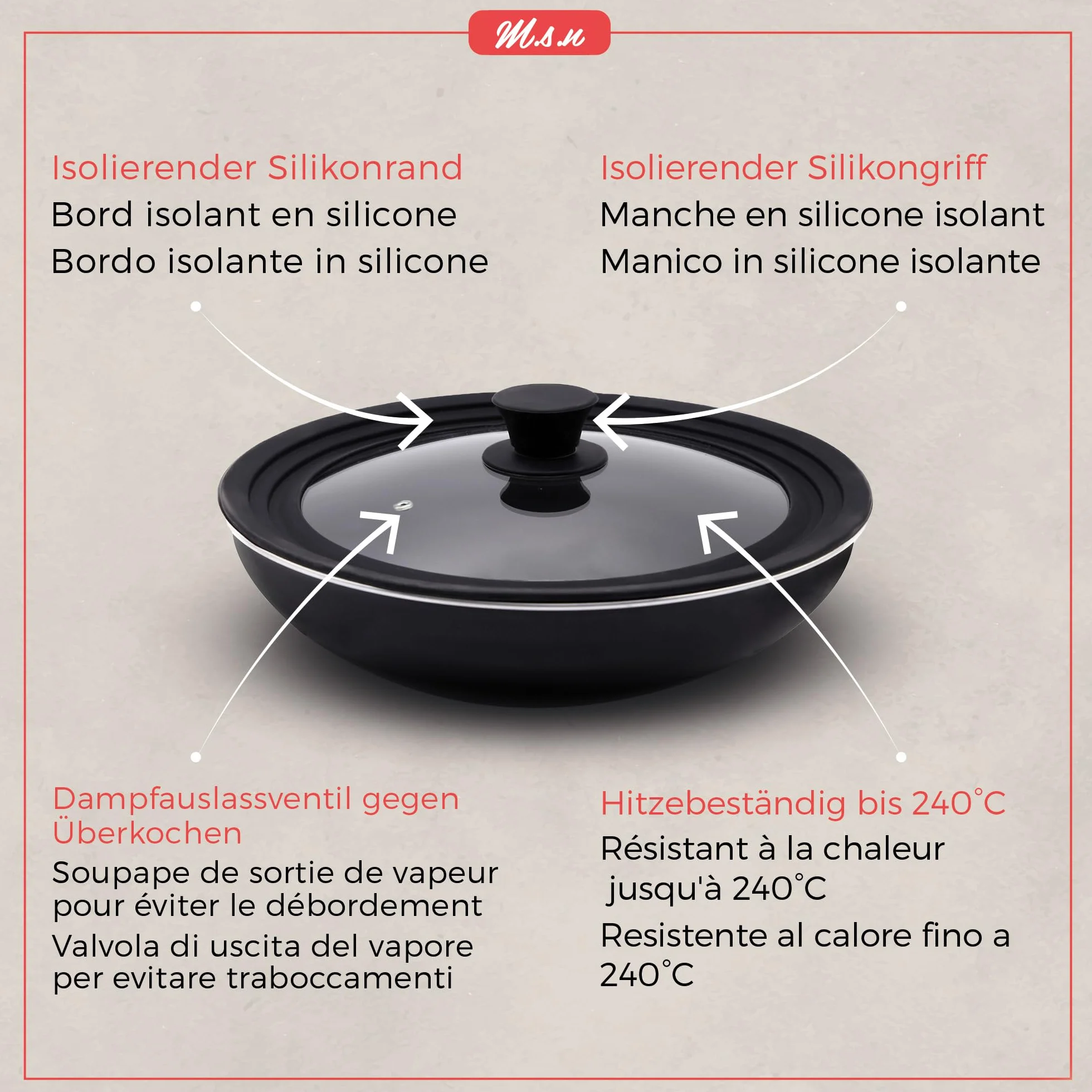 M.S.N Lot de 3 couvercles, en verre, pour casseroles et poêles d'un diamètre de 16/18/20 cm, 24/26/28 cm et 28/30/32 cm, avec soupape d'échappement et bord en silicone, noires