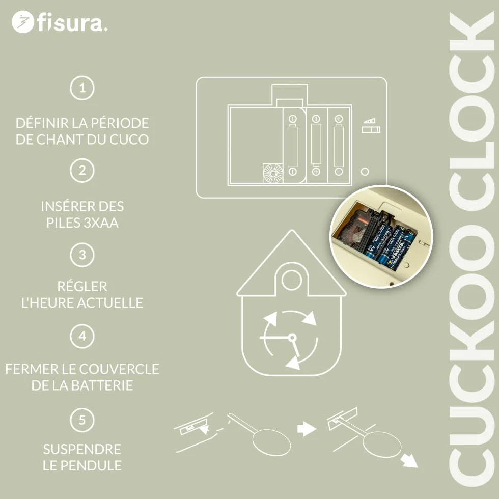 Fisura Horloge Coucou Vert Olive Cadran Beige Murale Originale ABS 21,5x8x41,5 cm