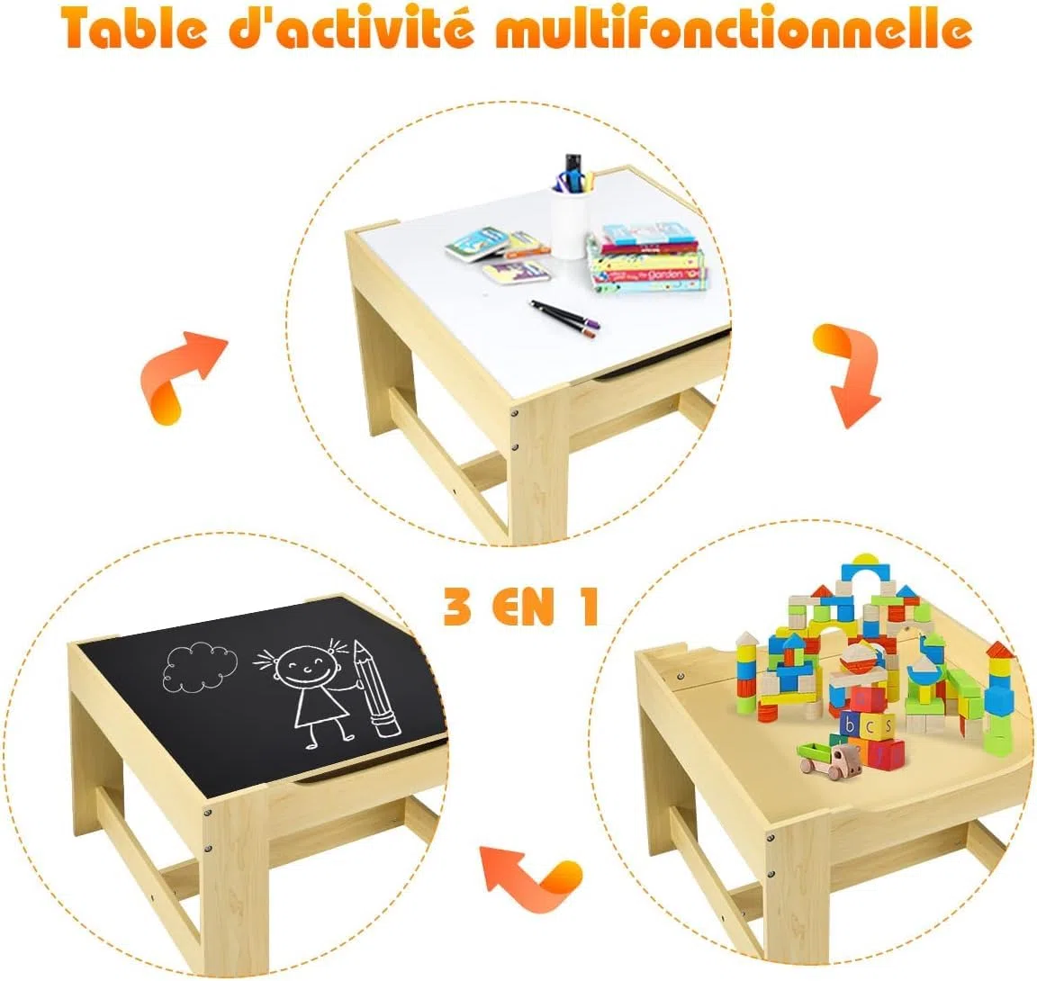 COSTWAY Table Enfant avec Chaise, Petite Table avec Tableau Amovible à 2 Faces et 2 Boîtes, Bureau Enfant avec Rangement Taille Compacte pour Chambre, École