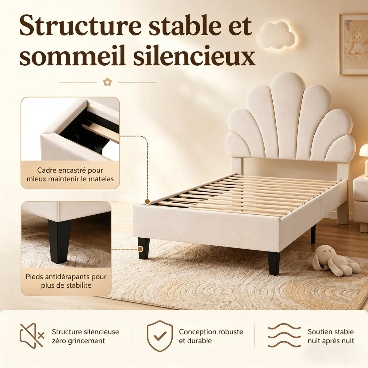 Lit Enfant 90x200 cm, Lit Simple Rembourré avec Tête de Lit en Forme de Fleur, Design Pétales en Velours Beige, Hauteur Réglable, Cadre de Lit avec Sommier à Lattes pour Adolescent et Adulte