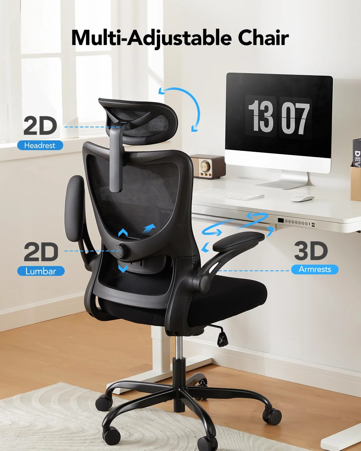 HUANUO Chaise Ergonomique, Chaise de Bureau PC avec Soutien Lombaire et Appui-tête Réglable, Fauteuil de Bureau Confortable avec Accoudoirs 3D, Chaise de Bureau Ergonomique, Charge Max 136 kg