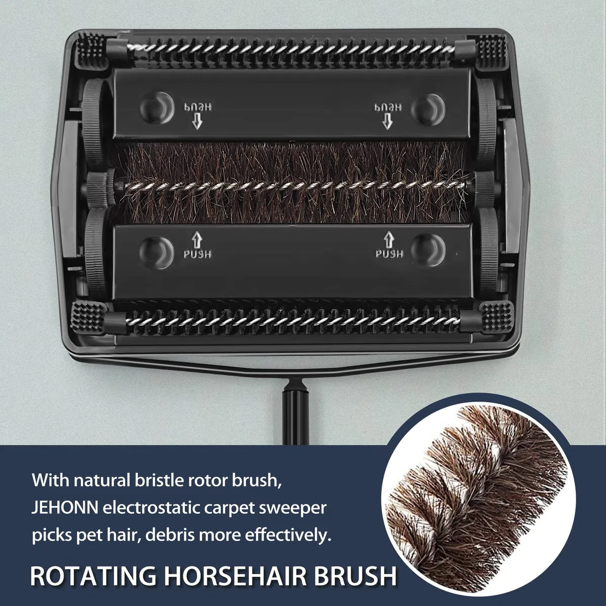 JEHONN Balai Mécanique Manuel à Cheveux de Cheval, sans Électricité, pour Tapis et Moquettes (Noir)
