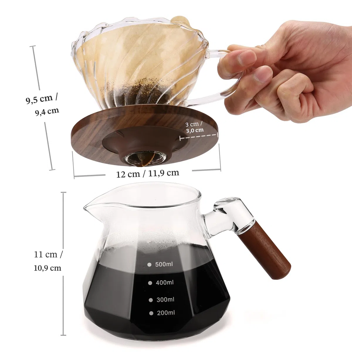 Lalord Verser Over Cafetière en Verre Borosilicate de 600 ml avec 100 Papier Filtres, Col en Noyer et Couvercle en Verre, Cafetière Goutte à Goutte, 1 à 3 Tasses, Transparent