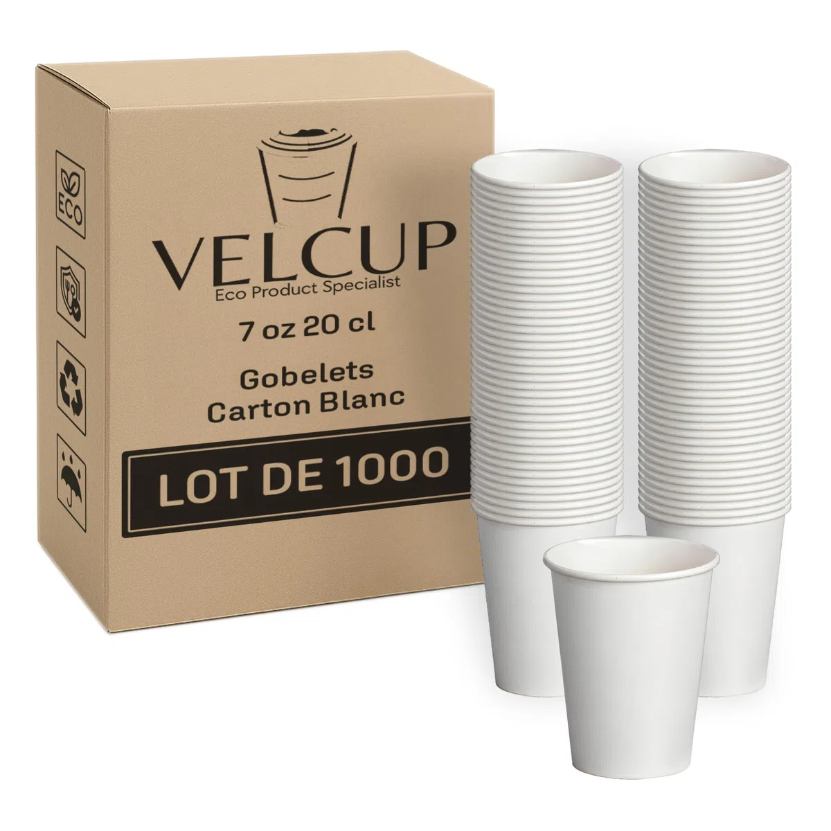 Lot de 1000 gobelets jetables en carton blanc 7 oz (200 ml / 20 cl) – renforcé 4,2 g par unité, résistants à la chaleur, idéals pour professionnels, cafés, bureaux et événements