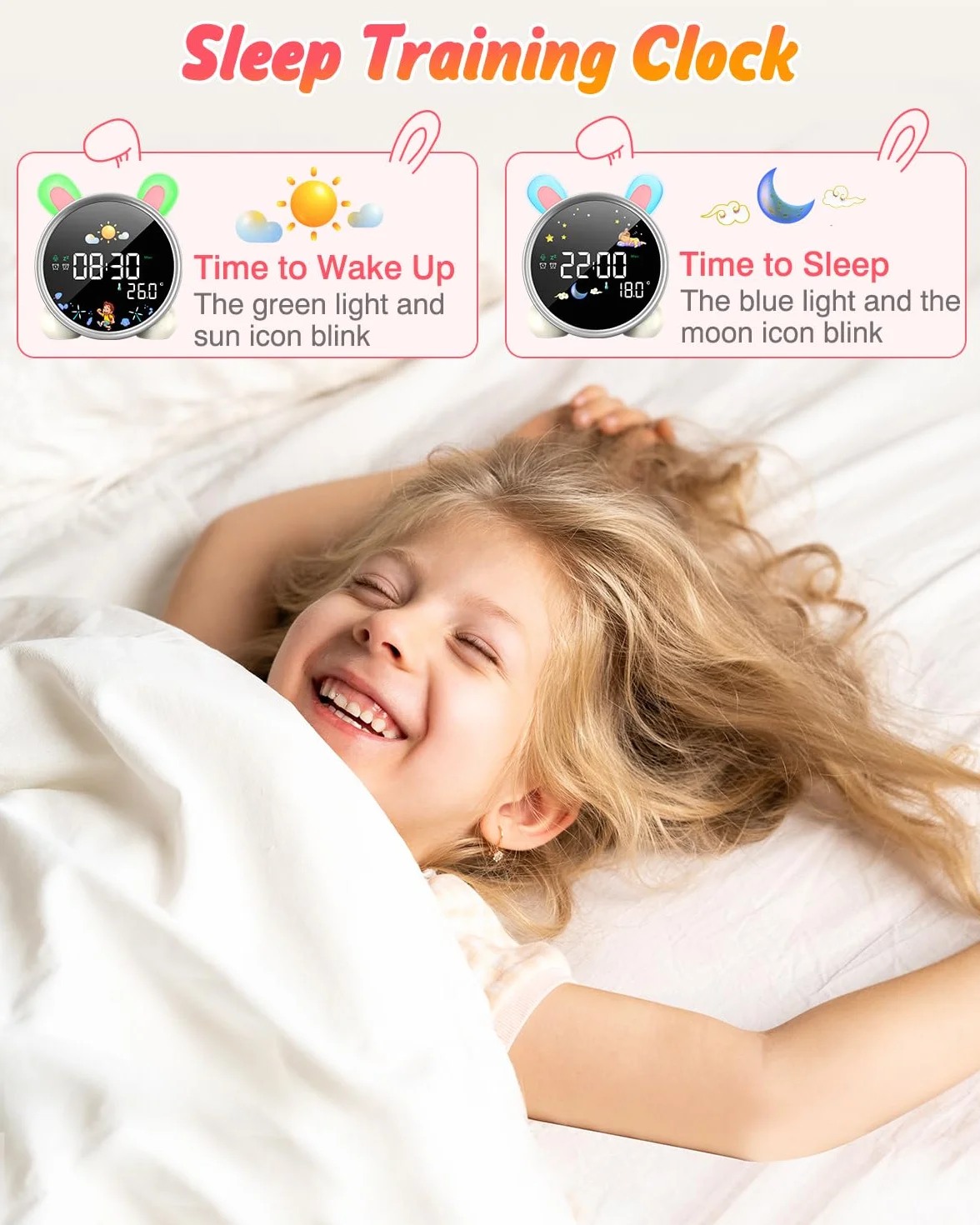 Réveil Enfant LED LEMNOI Lumineux 5 Couleurs Jour Nuit Double Alarme Température Snooze Lapin