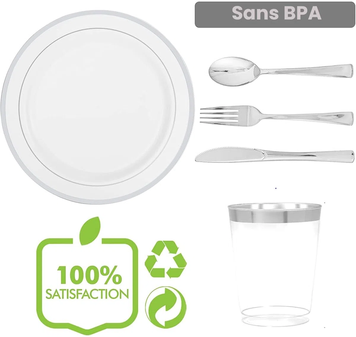 LATERN 150 Pièces Vaisselle en Plastique Argenté Réutilisable, 25 Assiettes Plates, 25 Assiettes à Salade, 25 Couteaux, 25 Fourchettes, 25 Cuillères, 25 Tasses pour Anniversaire Mariage Jardin Fête