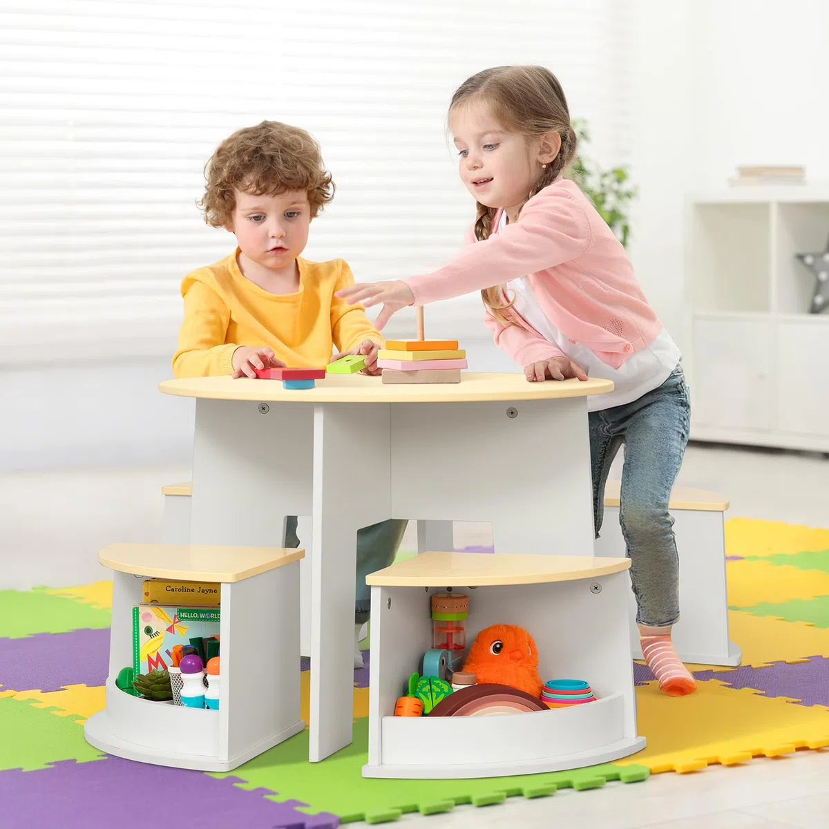 OOOK Table Enfant avec 4 Chaise, Table Ronde en Bois avec 4 tabourets à Rangement, Tables et chaises pour Enfants dédiés à l'art, l'artisanat, la Lecture et Les Jeux