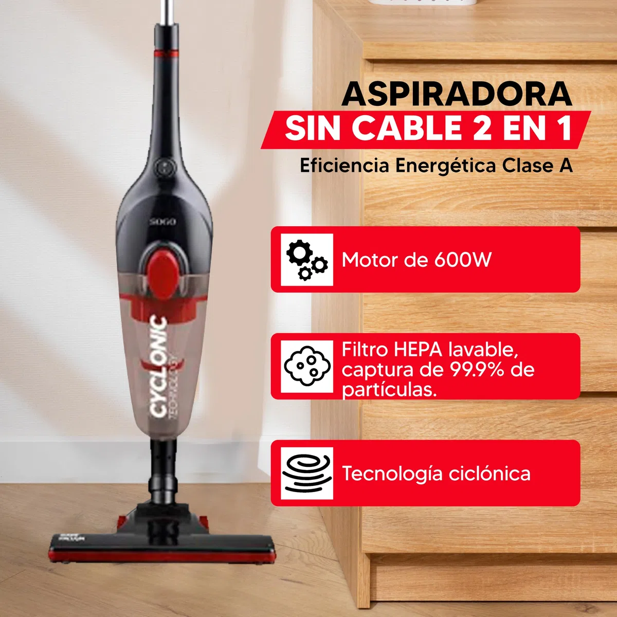 SOGO Cyclone Handheld Vacuum Cleaner 600W Energy Class A+ 2 in 1 with 0.8L Container HEPA Filter 4.5m Cable Black