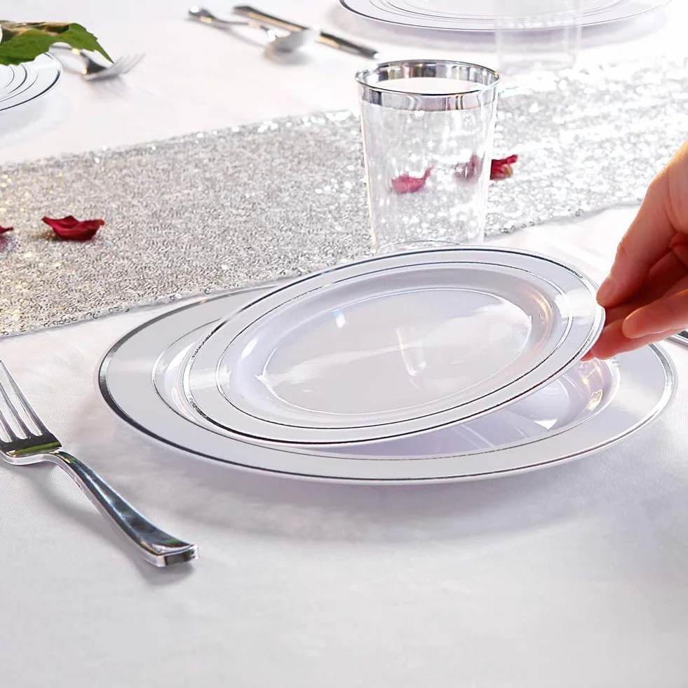 LATERN 150 Pièces Vaisselle en Plastique Argenté Réutilisable, 25 Assiettes Plates, 25 Assiettes à Salade, 25 Couteaux, 25 Fourchettes, 25 Cuillères, 25 Tasses pour Anniversaire Mariage Jardin Fête