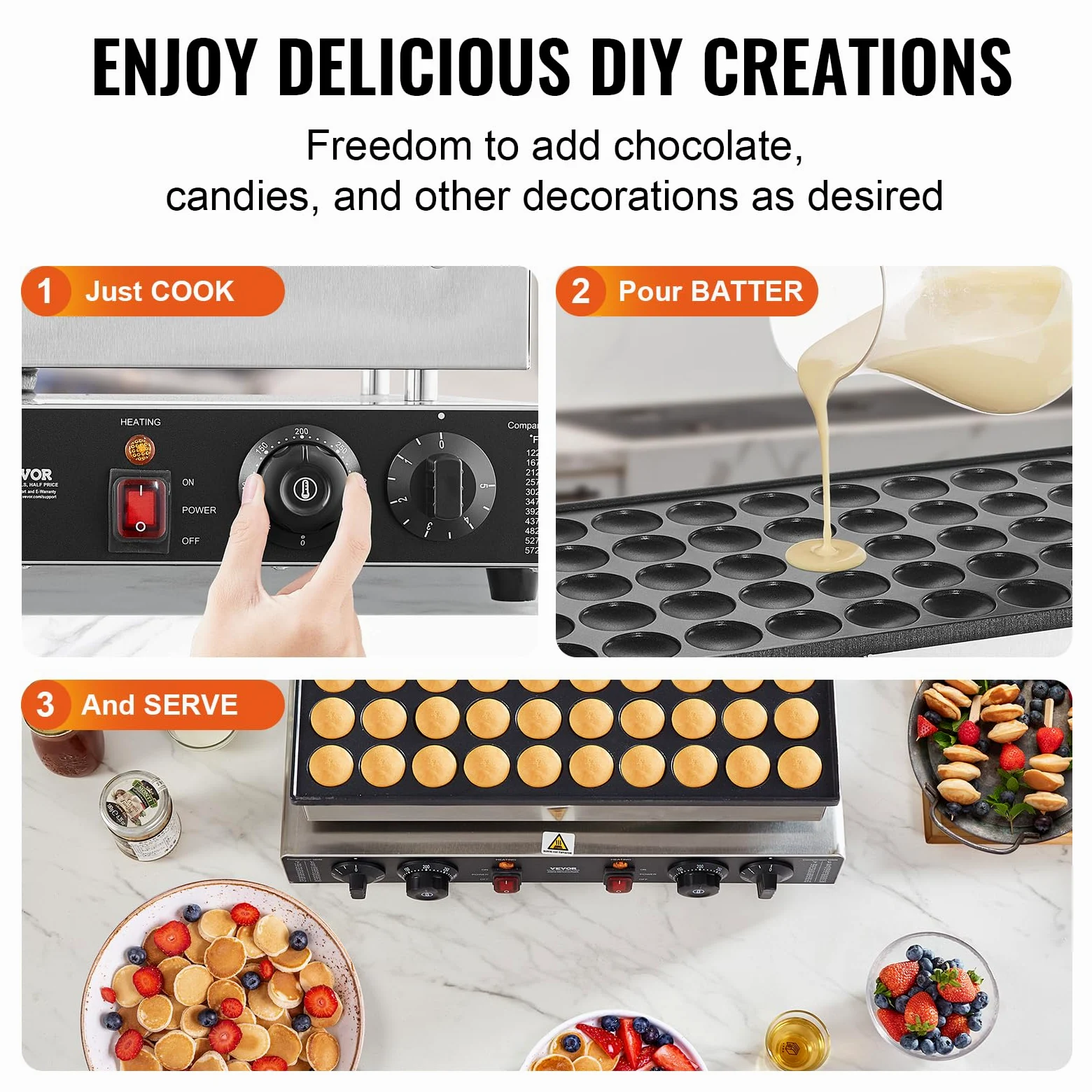 VEVOR Appareil à Pancake 50PCs 43 mm, Crêpière Commerciale 1700 W, Appareil à Poffertjes Dorayaki en Acier Inoxydable Antiadhésif, Température et Temps Réglable, pour Cuisine à Domicile, Restaurant