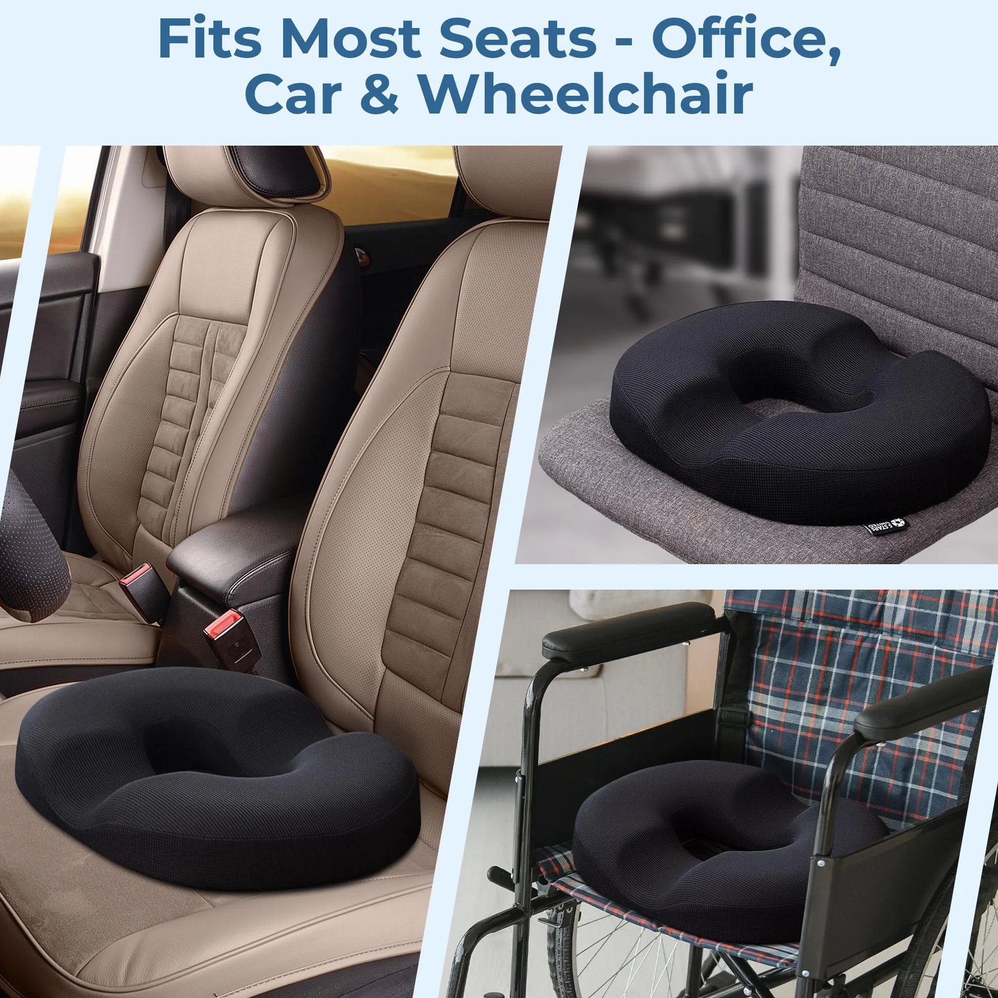5 STARS UNITED Coussin Donut Mémoire de Forme – Soulagement Hémorroïdes & Coccyx, Ergonomique U, Anti-Dérapant, Housse Lavable – Noir Petit