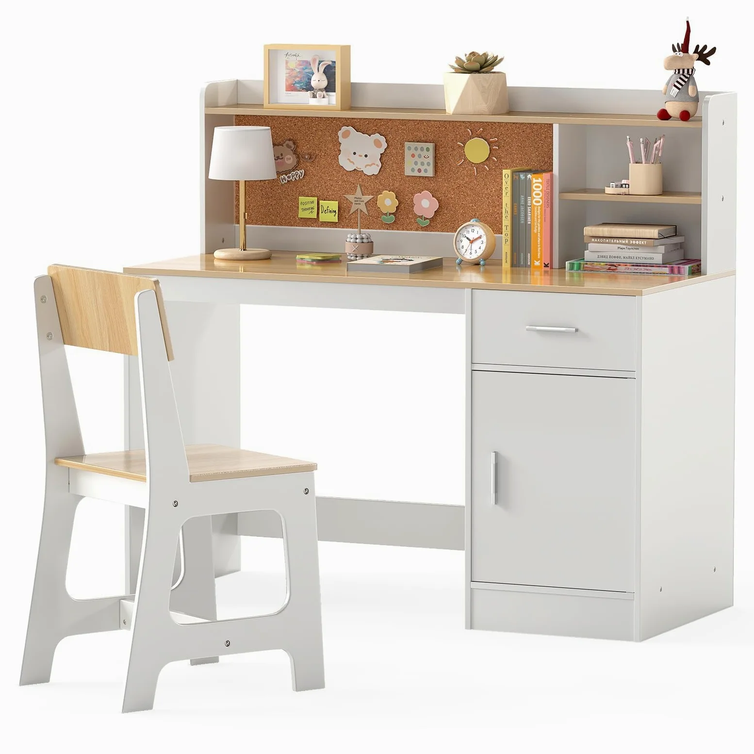 LIFEZEAL Ensemble de Table et Chaise pour Enfants, mobilier Multifonctionnel pour Enfants, Bureau avec étagère, tiroir, Armoire, Tableau en liège, Tabouret Ergonomique avec Dossier incliné (Naturel)