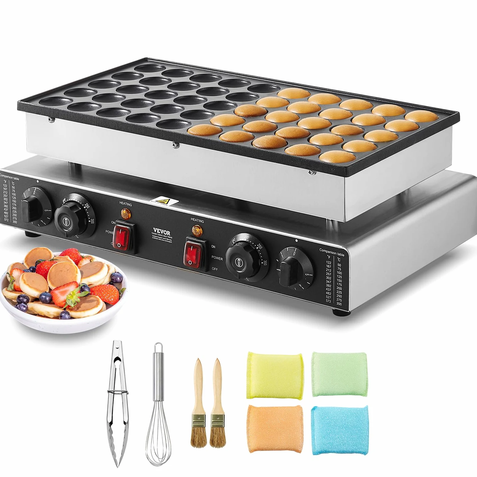 VEVOR Appareil à Pancake 50PCs 43 mm, Crêpière Commerciale 1700 W, Appareil à Poffertjes Dorayaki en Acier Inoxydable Antiadhésif, Température et Temps Réglable, pour Cuisine à Domicile, Restaurant