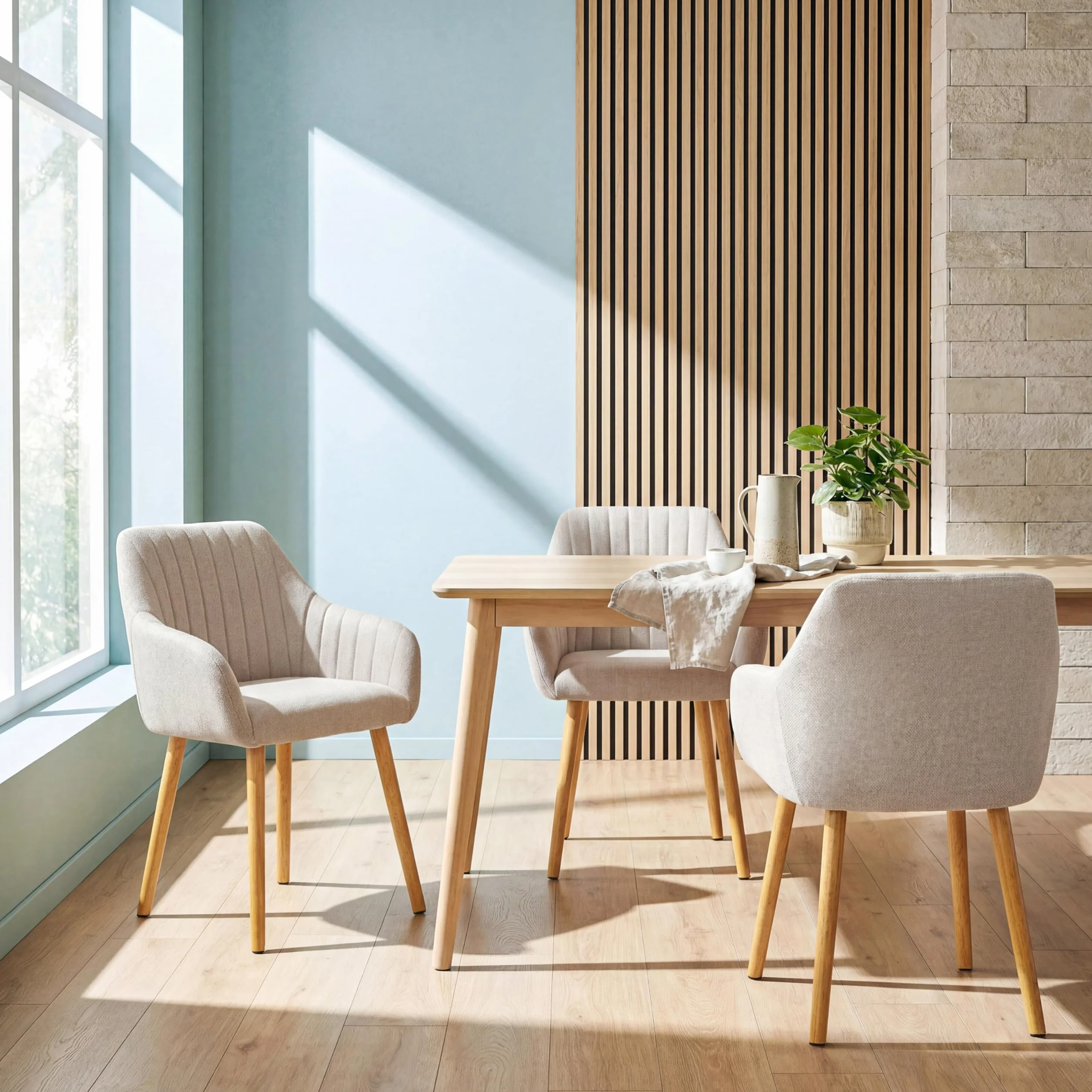Lot de 4 Chaises Fauteuil Salle à Manger Chaises Beige avec Accoudoirs rembourrée en Polyester avec Pieds en Bois pour Salon Cuisine et Bureau