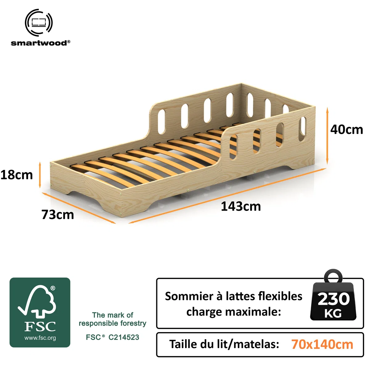smartwood Lit Enfant 70x140 cm Lit Montessori au Sol - Bois Certifié FSC avec Barrière et Sommier à Lattes Jusqu’à 230 kg - Montage Facile - pour Garçon et Fille - Tila 6
