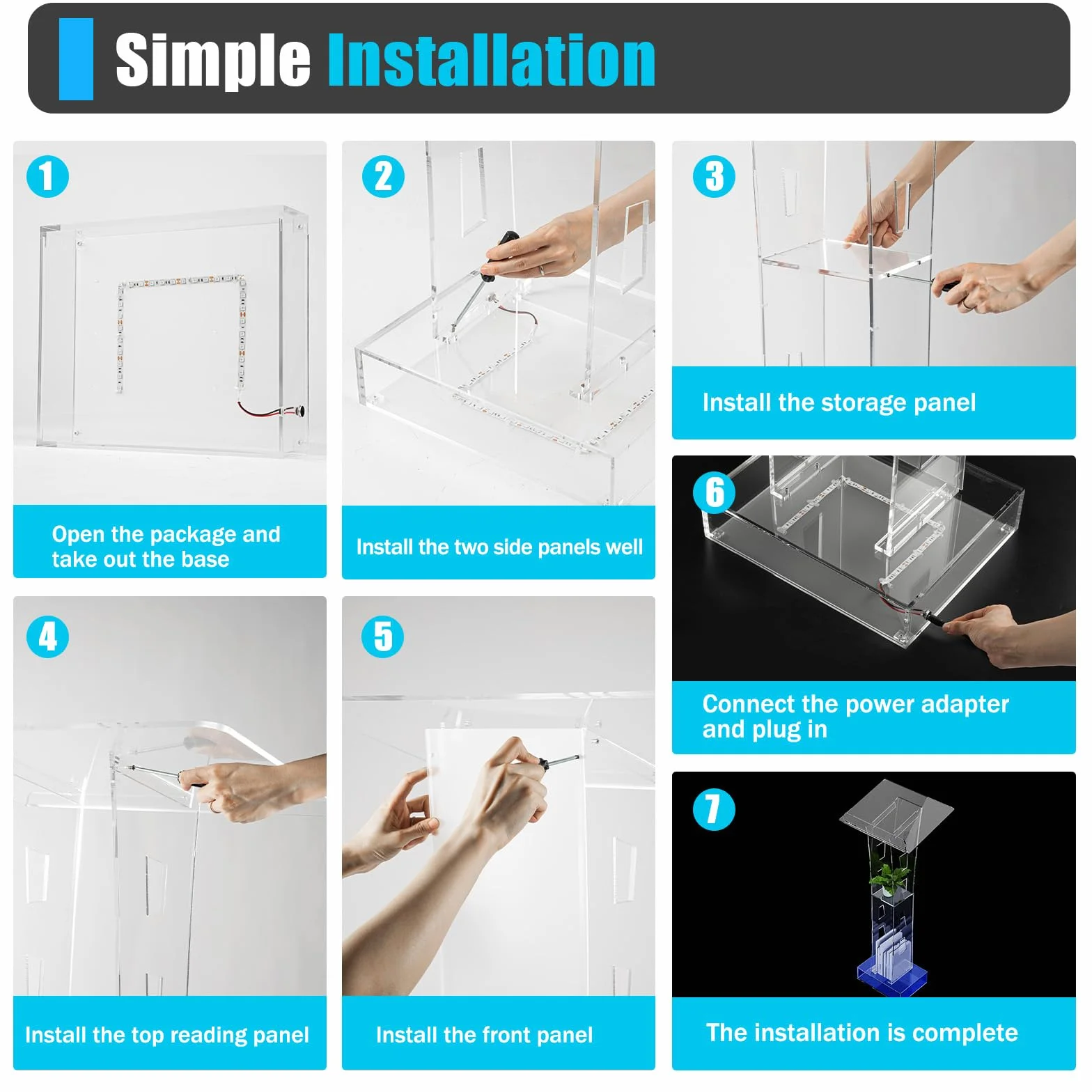 Pupitre de conférencier en acrylique transparent LED avec plateforme de lecture verticale - Podium pour discours