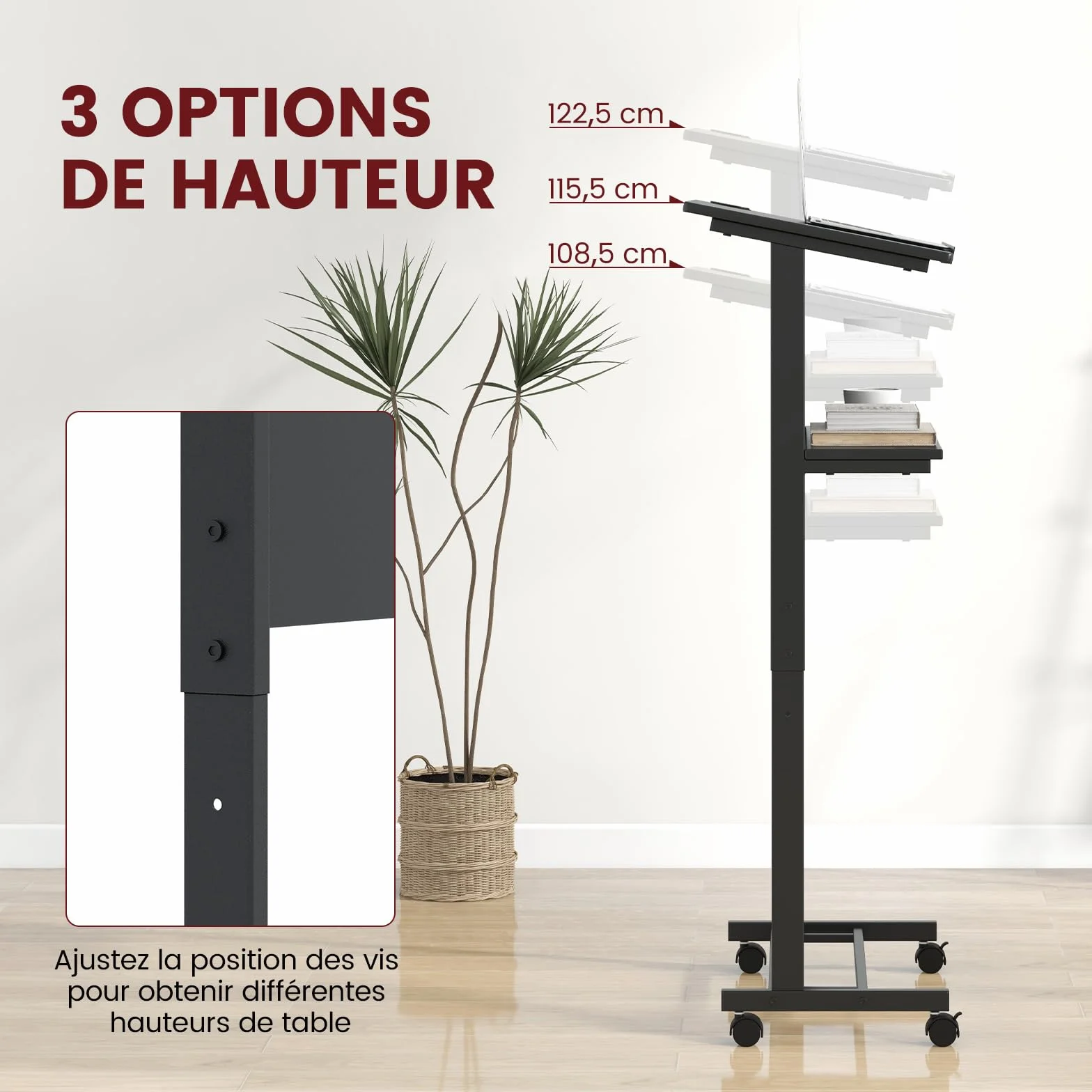 COSTWAY Podium Debout Mobile Pupitre 108-122 cm pour Ordinateur Portable, Bureau Debout Roulant Plateau Incliné avec Rebord