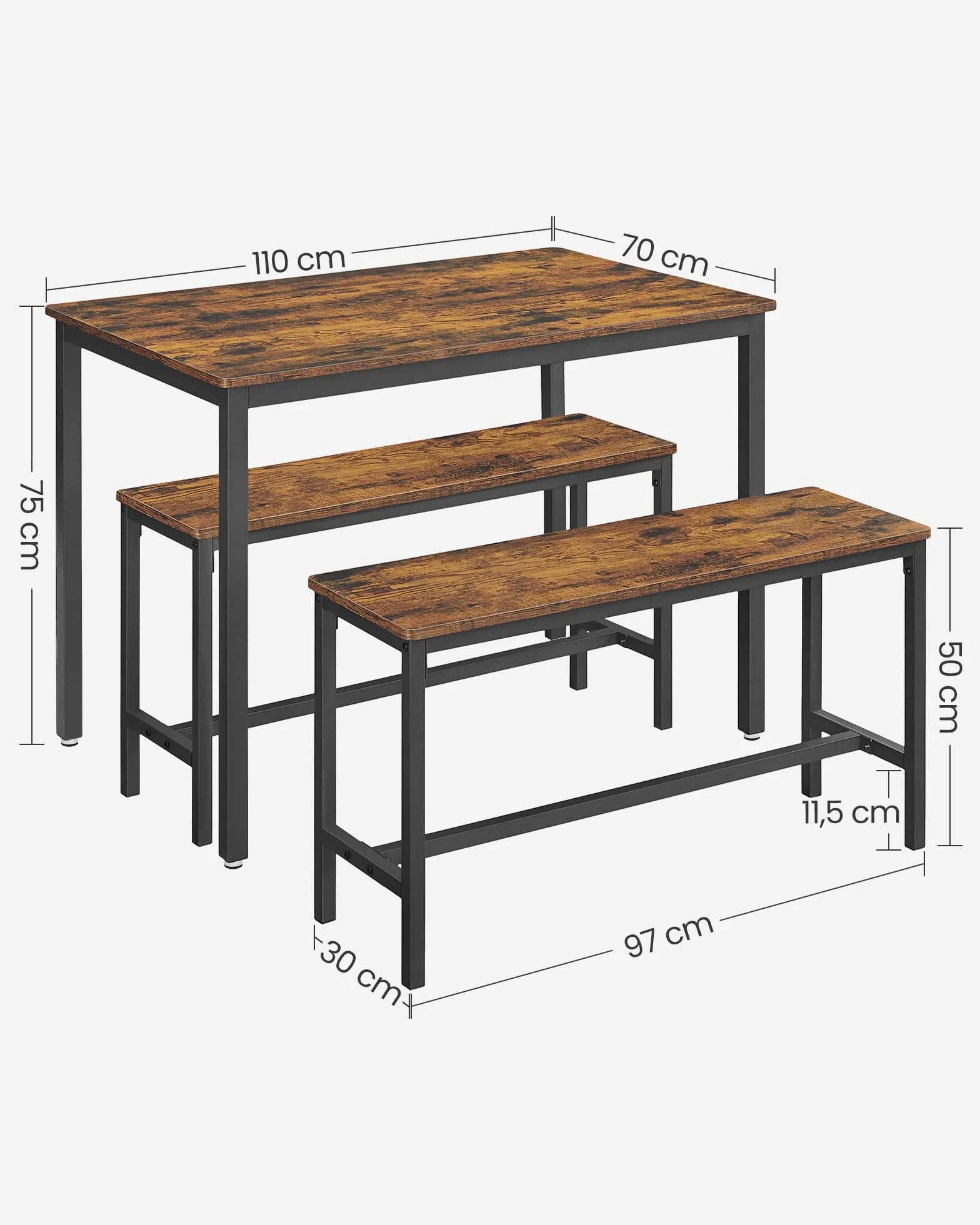 VASAGLE Table à Manger avec 2 Bancs, Ensemble de 3 Meubles, Table de Salle à Manger de 70 x 110 x 75 cm, 2 Bancs de 30 x 97 x 50 cm, Cadre en Acier, Marron Ruatique et Noir d'encre KDT070B01