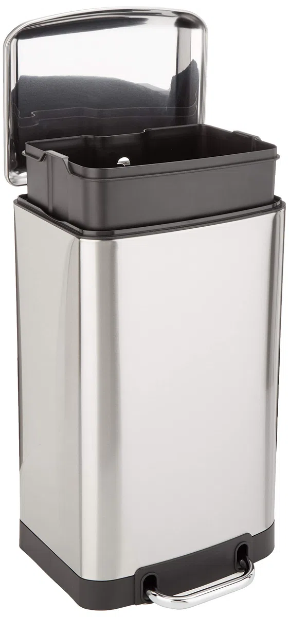 Amazon Basics Petite poubelle rectangulaire résistante aux taches avec pédale, fermeture en douceur, pour salle de bain, chambre à coucher, salon ou bureau, 20 l, nickel