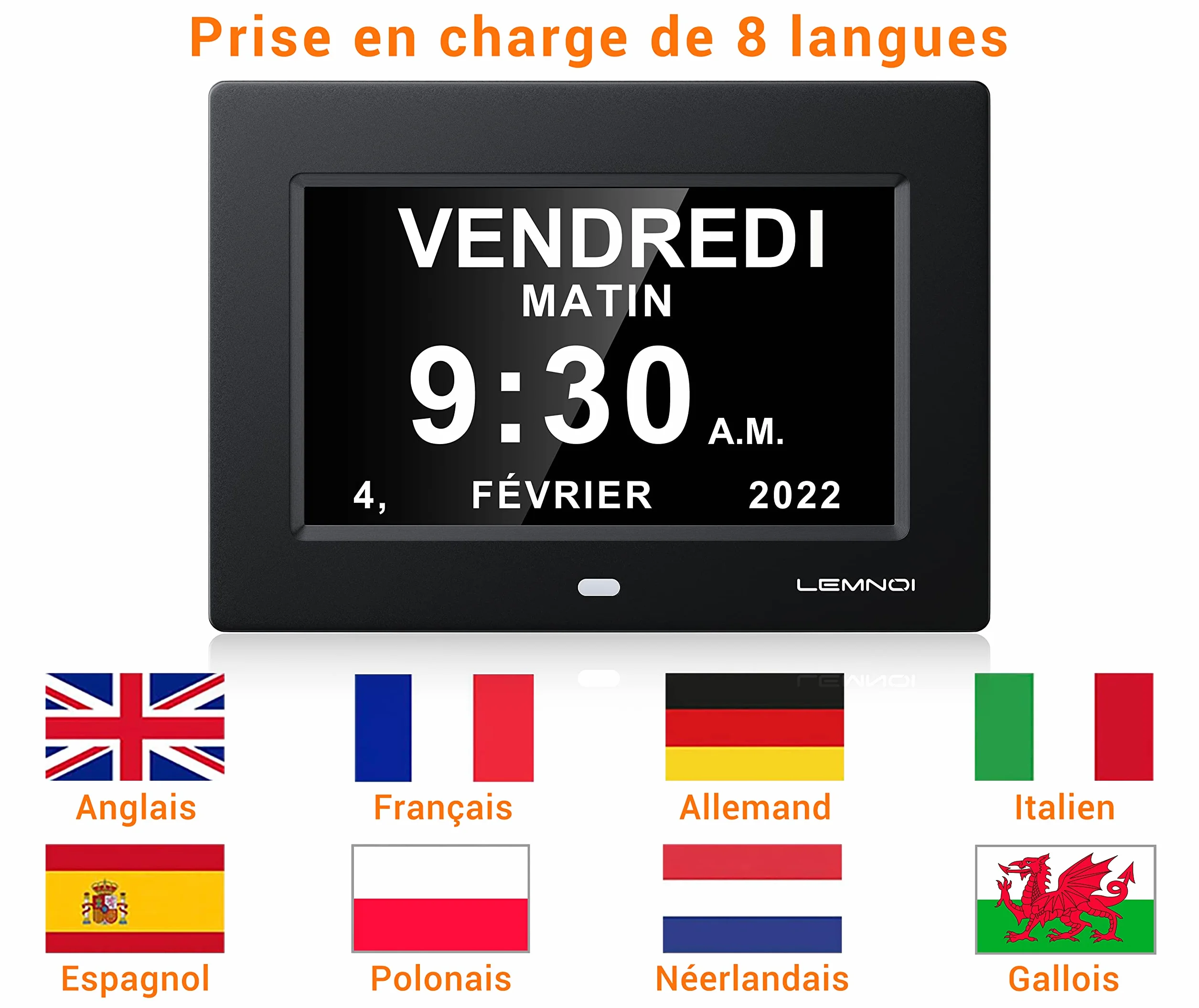 LEMNOI 7 Pouce LCD Horloge Numérique Calendrier Noire Auto Dimming HD Display Rappel Alzheimer