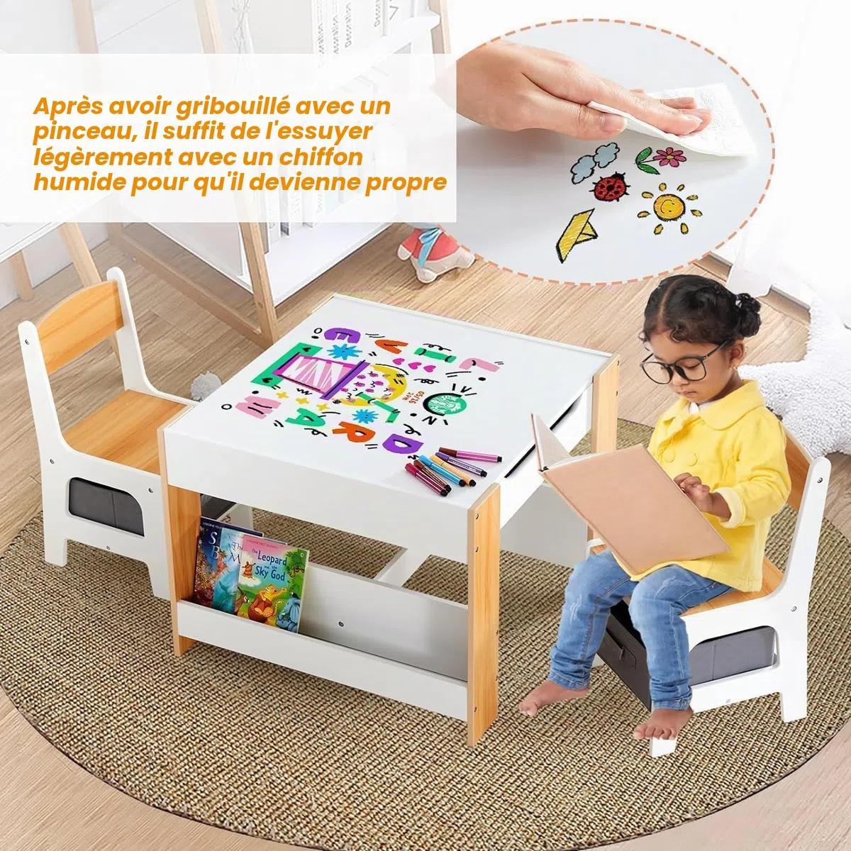 Asweets Ensemble Table et Chaises pour Enfants, Bureau 4 en 1 avec Tiroir De Rangement, Table d'Activités en Bois pour Plateau Amovible 2 en 1, avec Bibliothèque