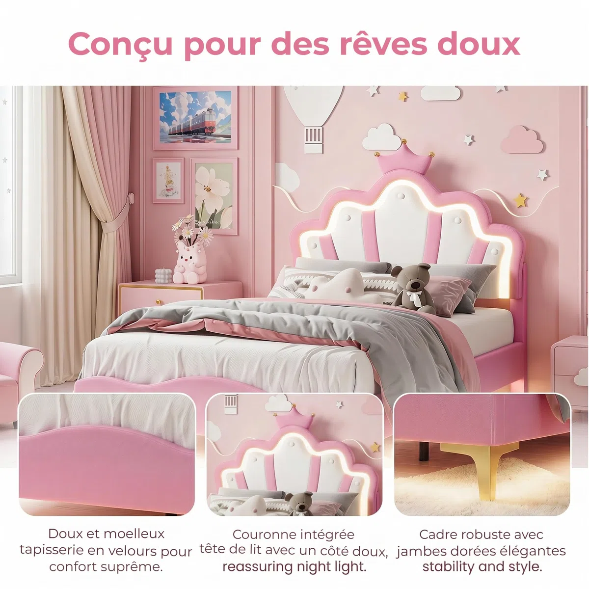 Générique Lit Enfant Rembourré 90x190 cm avec LED, Lits Double pour Fille, lit d'Adolescent avec Tête de Bed Réglable en Hauteur Princesse Couronne et Sommier à Lattes, PU Rose