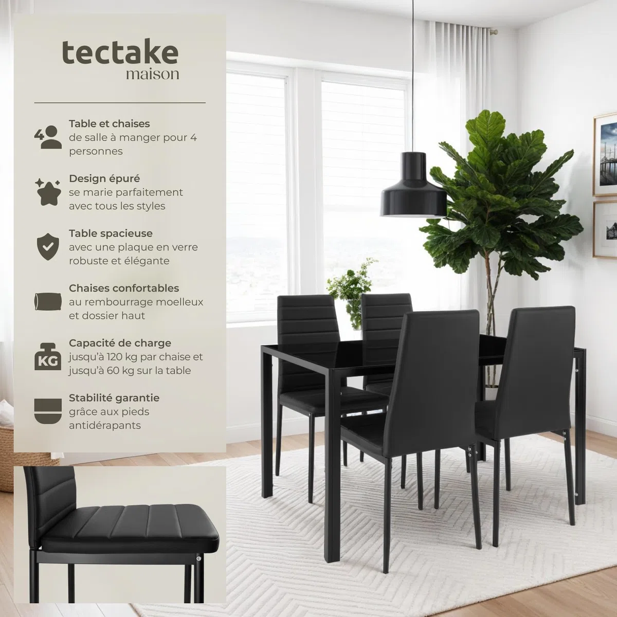 tectake Ensemble Table Salle à Manger avec 4 Chaises Design, Chaise Confortable en Cuir synthtétique, Table rectangulaire Robuste avec Plateau en Verre trempé - Noir