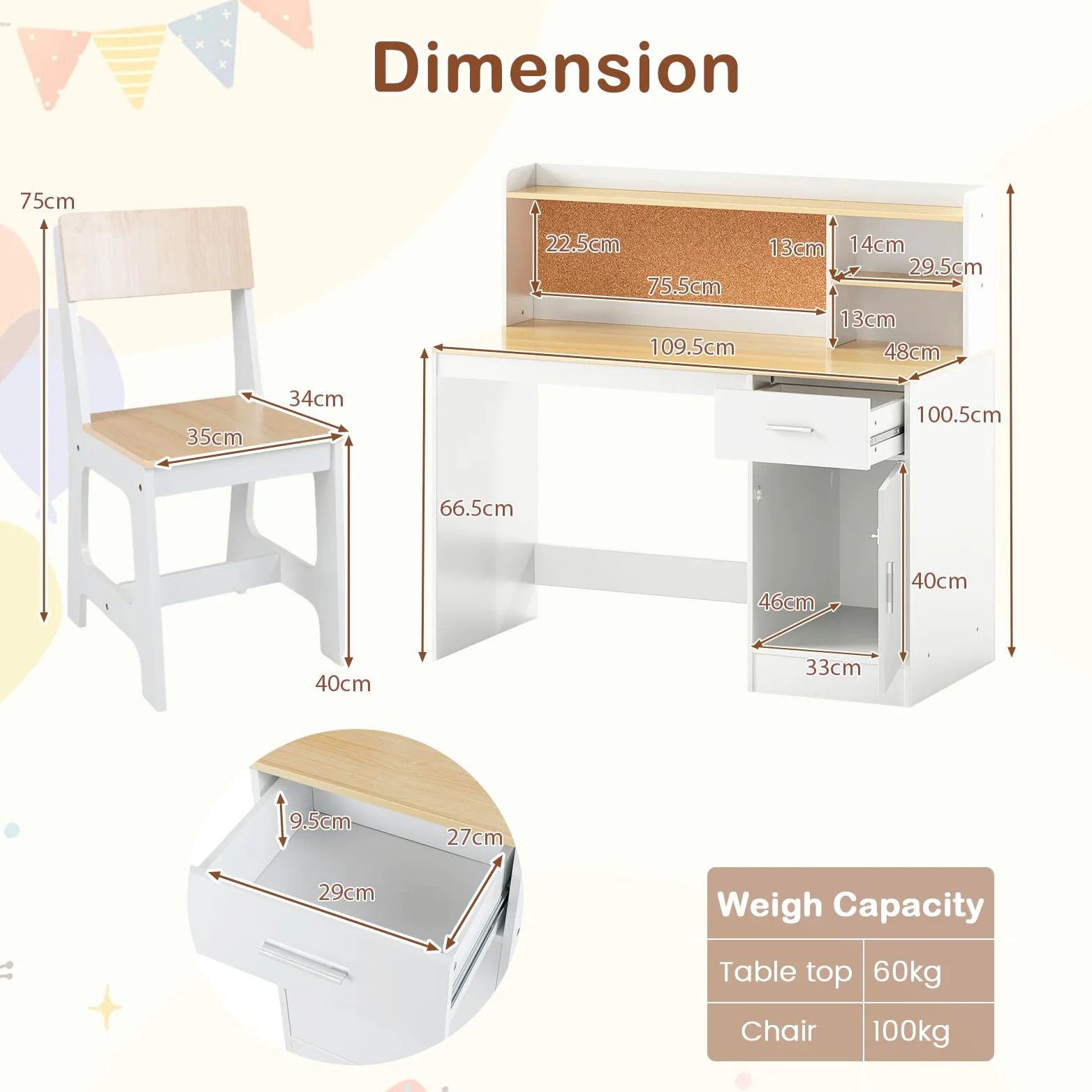 LIFEZEAL Ensemble de Table et Chaise pour Enfants, mobilier Multifonctionnel pour Enfants, Bureau avec étagère, tiroir, Armoire, Tableau en liège, Tabouret Ergonomique avec Dossier incliné (Naturel)