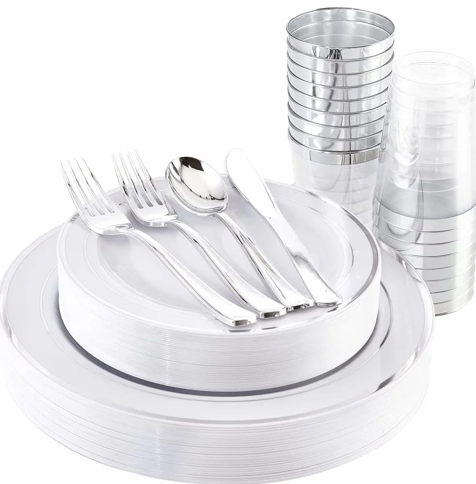 LATERN 150 Pièces Vaisselle en Plastique Argenté Réutilisable, 25 Assiettes Plates, 25 Assiettes à Salade, 25 Couteaux, 25 Fourchettes, 25 Cuillères, 25 Tasses pour Anniversaire Mariage Jardin Fête