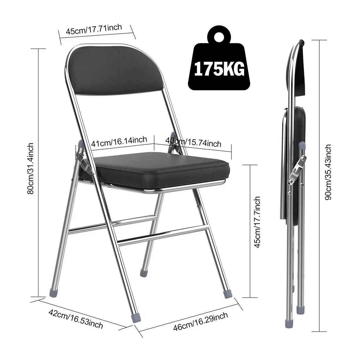 Lot de 4 Chaise Pliante, Chaises de Salle à Manger en PU, Cadre en métal, avec Dossier, 46x41x80.3cm, pour Salon, Bureau, Salle à Manger, Noir
