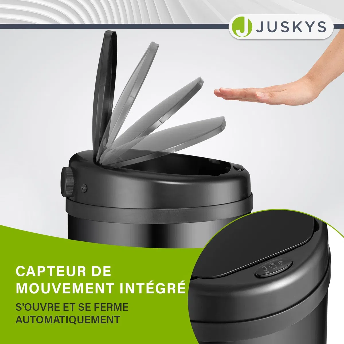Juskys poubelle automatique avec capteur de 30 L - poubelle électrique, détecteur de mouvement, couvercle automatique, étanche, bague de serrage, cuisine - noir