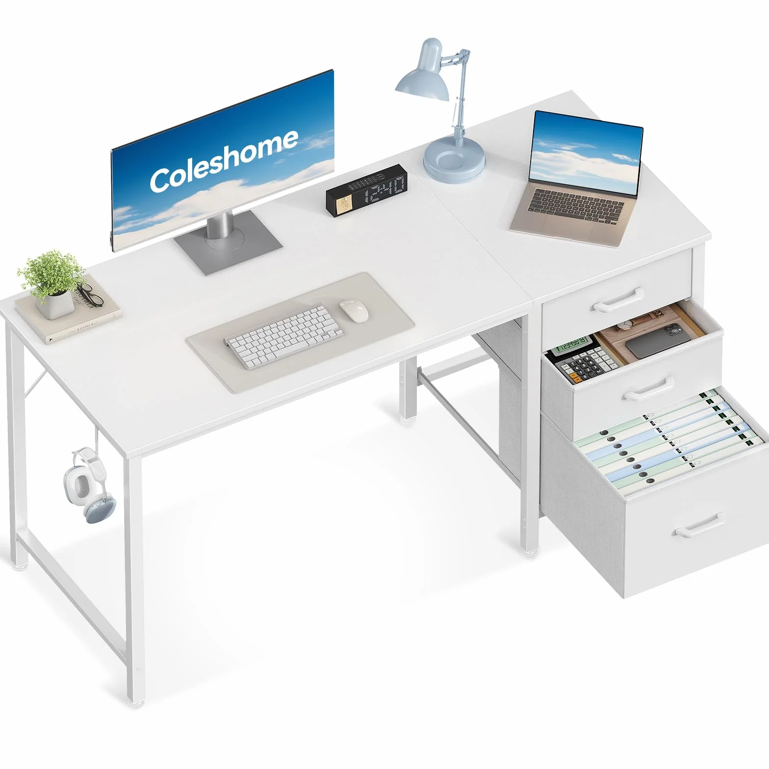 Coleshome Bureau avec 3 Tiroirs en Tissu, 120x48cm Bureaux Informatique avec Porte-Casque, Blanc Bureau D'ordinateur Réversible pour Petit Bureaux à Domicile